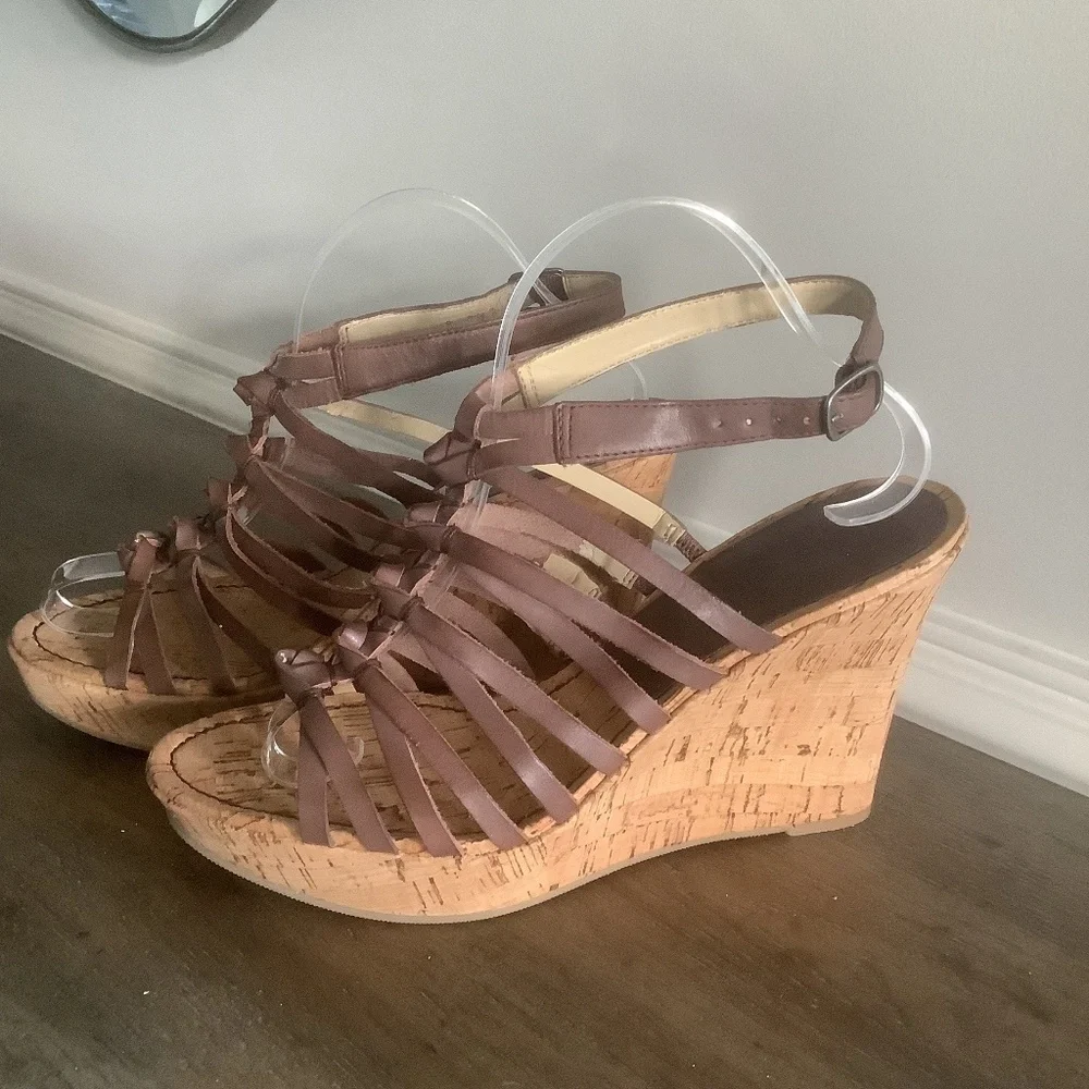 NEW Marc Fisher MFCARNIE Leather Cork Wedge Ankle‎ Strap Sandal Sz 10